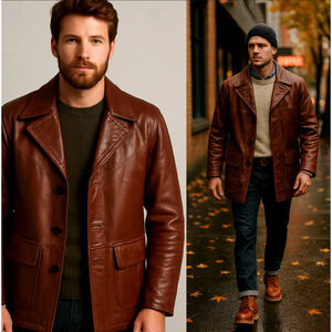 Huckberry Vintage M Wide Lapel $399 Leather Jacket Disco Coat Patch Packet Brown